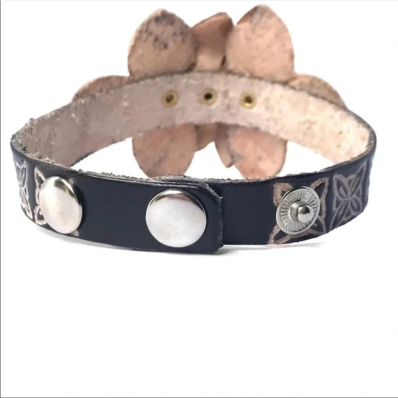 Handmade Genuine Leather Flower Bracelet | Boho Artisan Adjustable Cuff - Picture 2 of 5